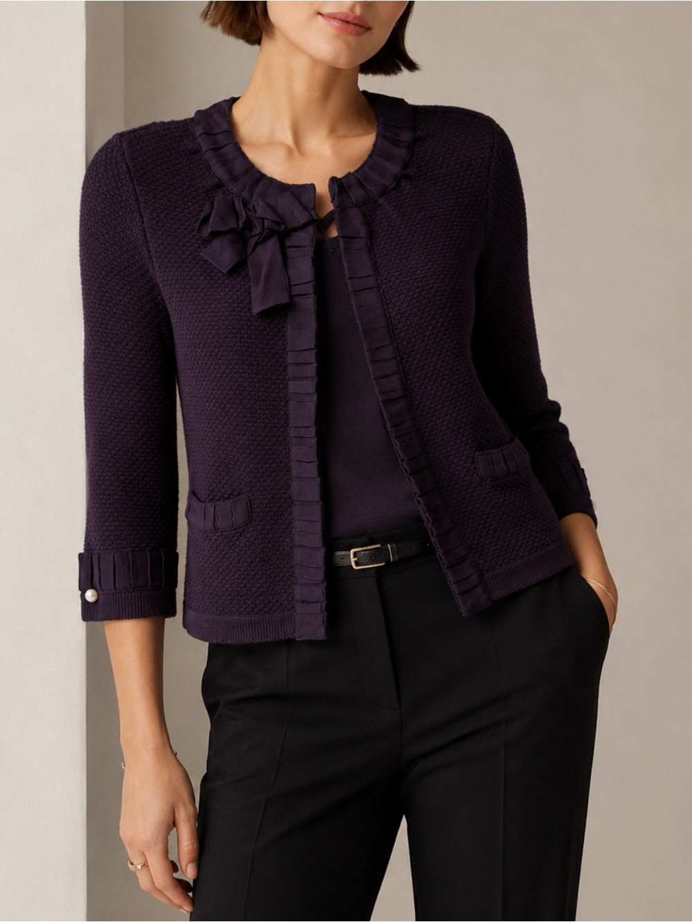 EUC Ann Taylor Plum Knit Cardigan with Neck Bow and pockets size medium